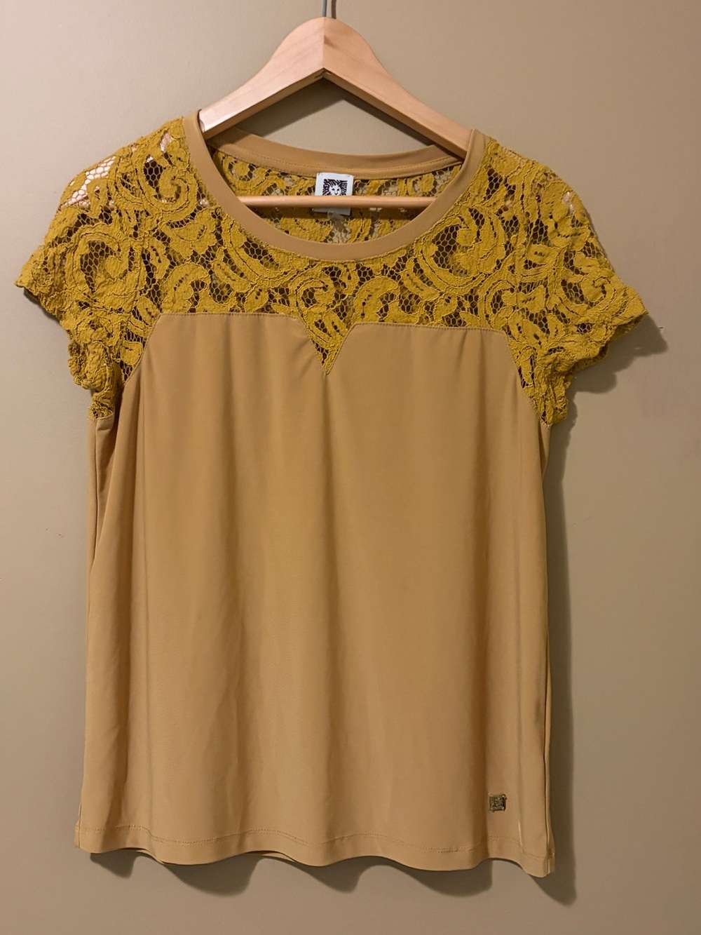 Anne Klein Mustard Yellow Lace Short Sleeve Top